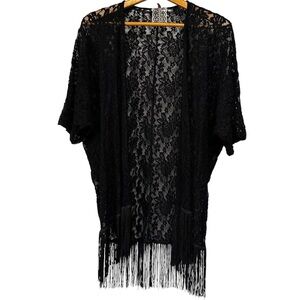 Mauve Black Lace Sheer Short Sleeve Open Front Tassels Kimono Size Small